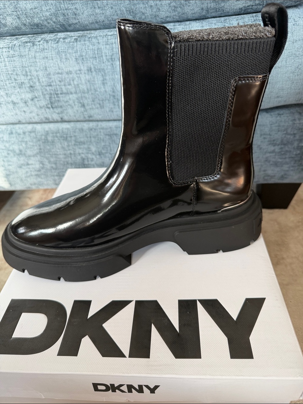 DKNY Fenella Black Patent Lug Chelsea Booties